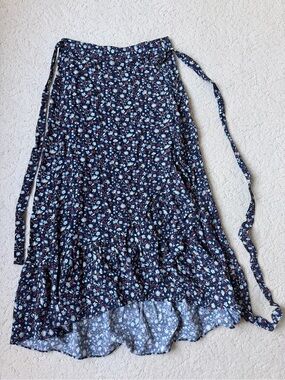 Madewell Navy Floral High-Low Wrap Skirt